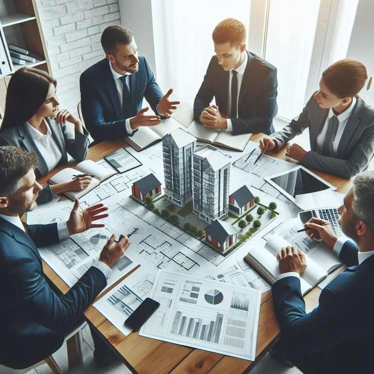  Image montrant des professionnels de l'immobilier discutant autour d'une table avec des plans de propriétés et des graphiques.