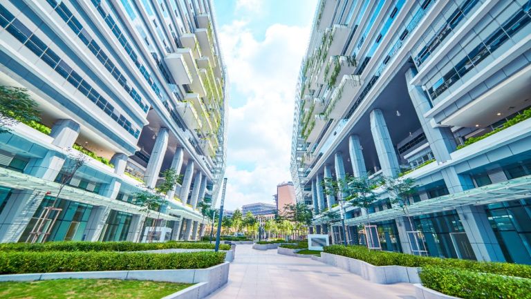 Immeuble tertiaire moderne a facade vegetalisee illustrant les obligations du decret tertiaire